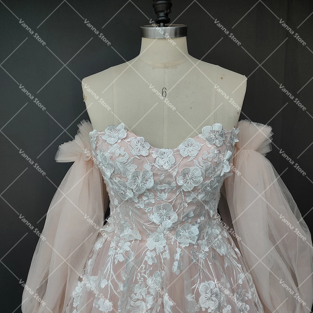 Removable Long Sleeves Sweetheart Pink Princess Fairy Bridal Gowns Custom Made Embroidered Lace Tulle Flowers Wedding Dresses