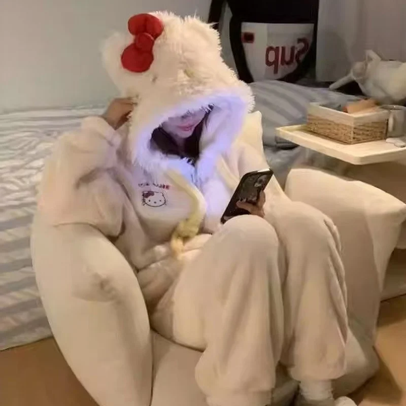 Kawaii سانريو الكرتون مرحبا كيتي مقنعين بيجامة من الصوف الفتيات الشتاء Homewear مع بطانة الصوف سميكة للدفء لطيف هدية #4
