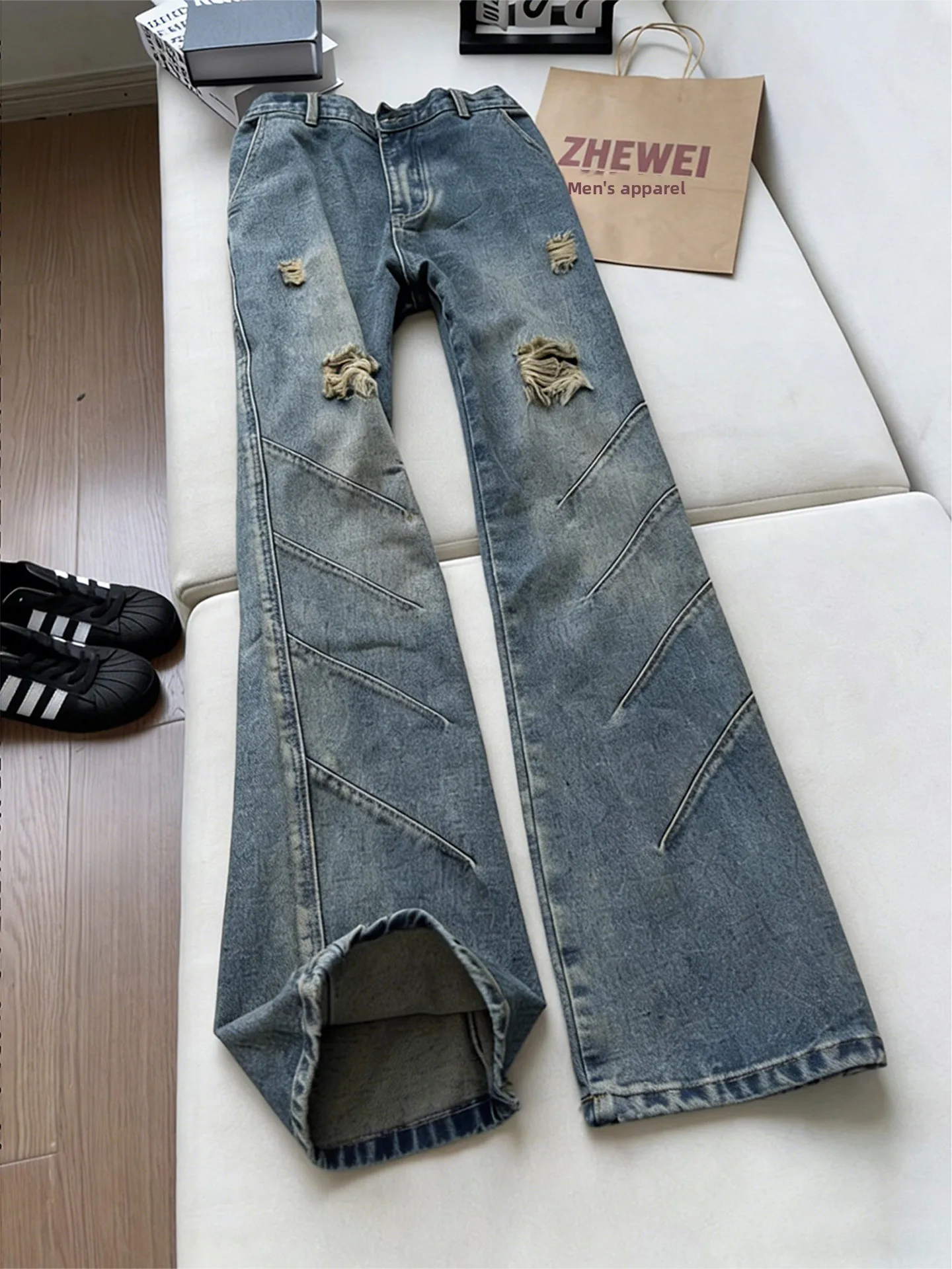 

Retro Blue ark Fin Men's Jeans American High Street Straight Leg Micro Flare Knife Pants Wooutter Workwear