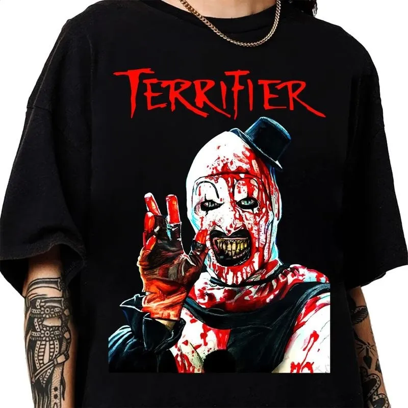 Terrifier Horror Graphic T Shirt Scary Movie Poster Print Top Fall Spooky Fan Apparel Gift Halloween Slasher Party Wear OOTD