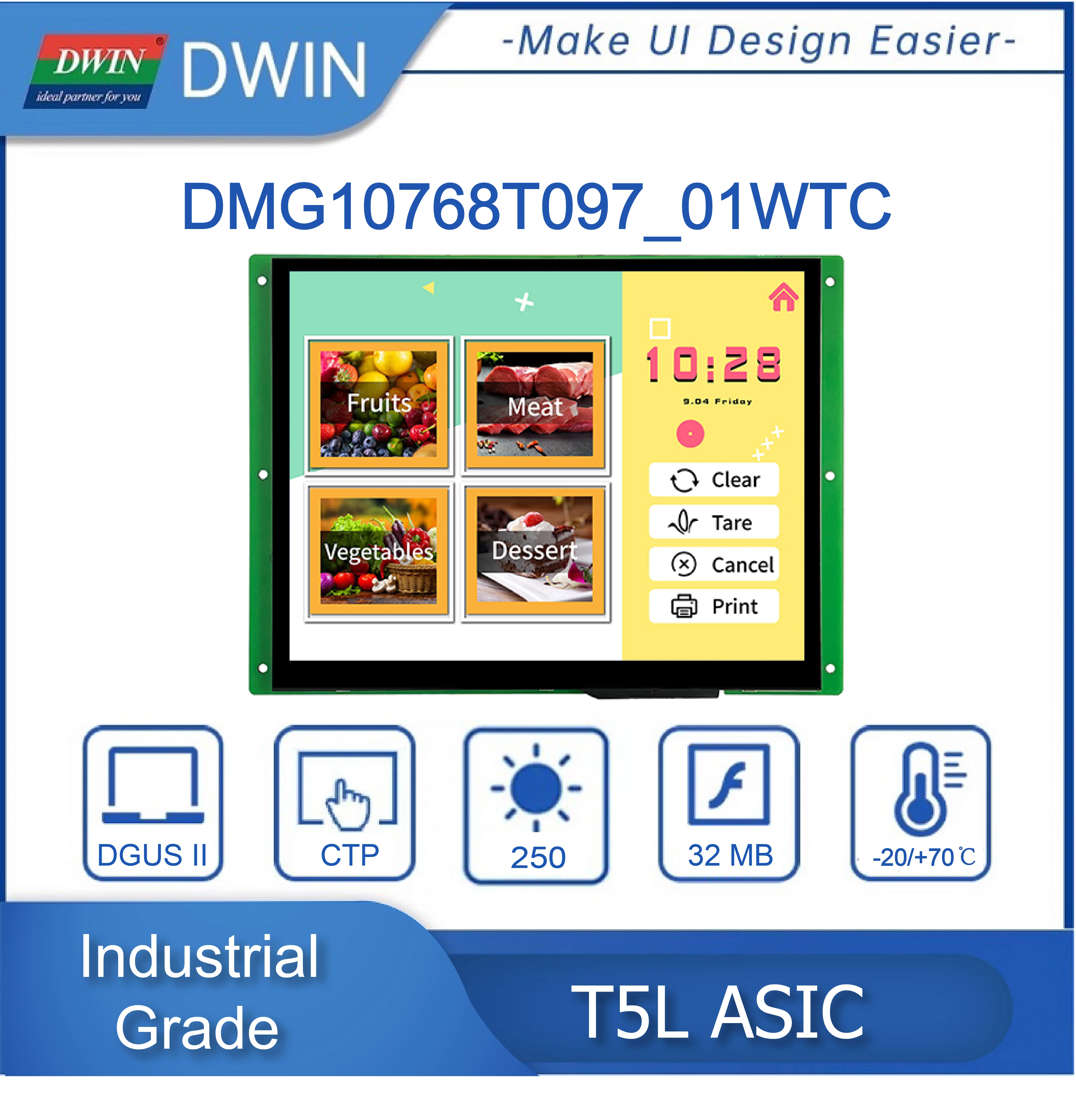 

DWIN 9.7-inch, 1024*768 Pixels Resolution, 16.7M Colors, TN-TFT-LCD, With Conformal Coating DMG10768T097_01W