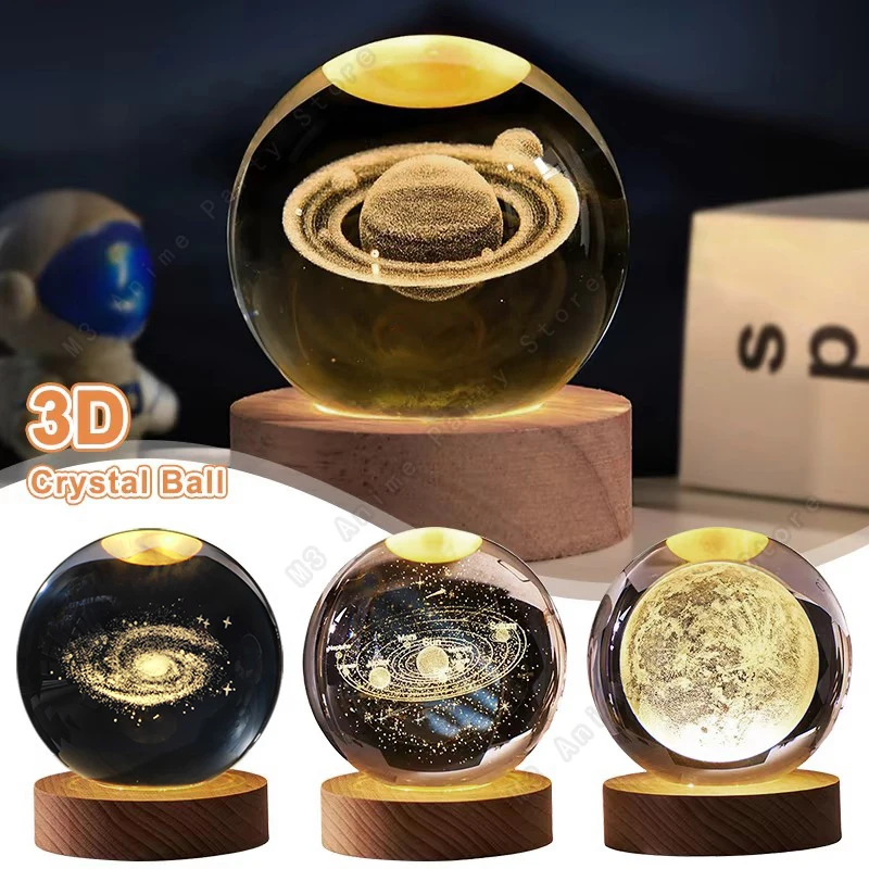 Unique 3D Crystal Ball Night Light Led Lamp Bedside Table Glowing Galaxy Lamp Saturn Planets Moon Children Birthday Gift Toy 5cm image 4