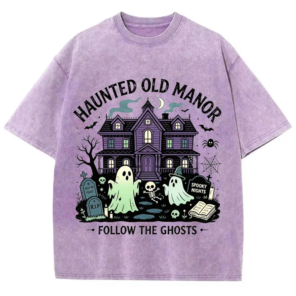 Women Halloween Haunted Old Manor Graphic T Shirt Spooky Ghost Graveyard Gothic House Vintage Casual Short Sleeve Tee