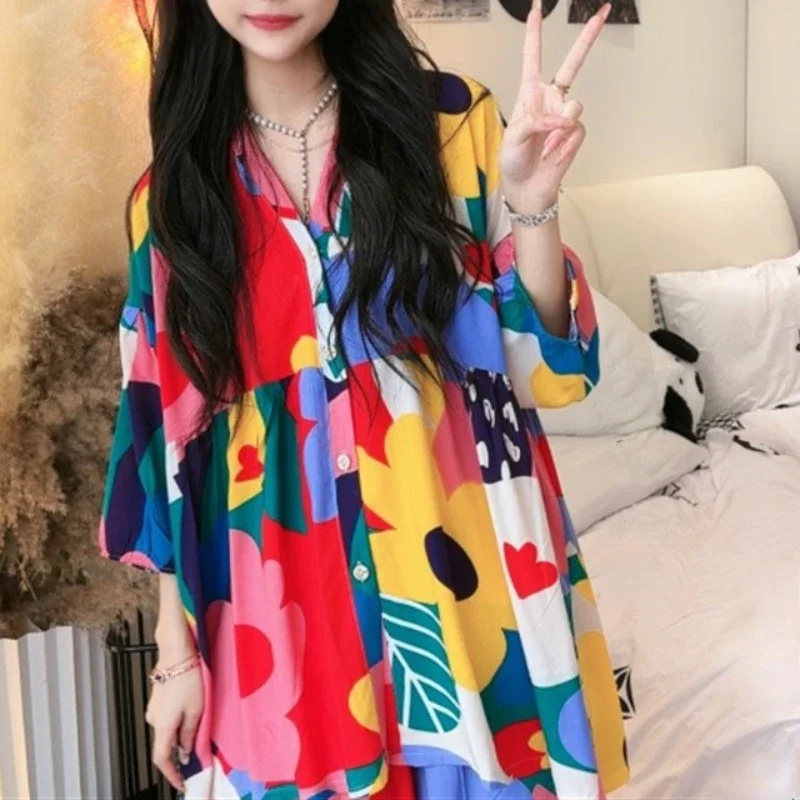 2024 Summer New Pajamas Women\'s Large Size Loose Loungewear Lantern Sleeves V-neck Sleepwear Sweet Thin 150kg Homewear Set