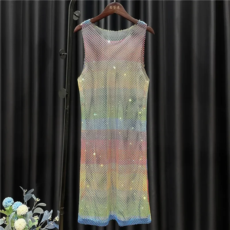 Sparkling Hot Diamonds Rainbow Crewneck Sleeveless Womens Dress Mesh Colored Diamond Sheer Dress for Women