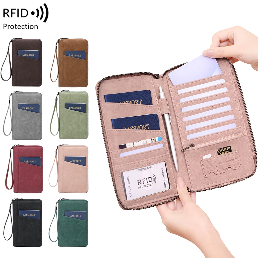 

Multi-Functional RFID Blocking Passport Bag Travel Document Holder with Long Zipper Ticket Storage Wallet for Multiple Passports