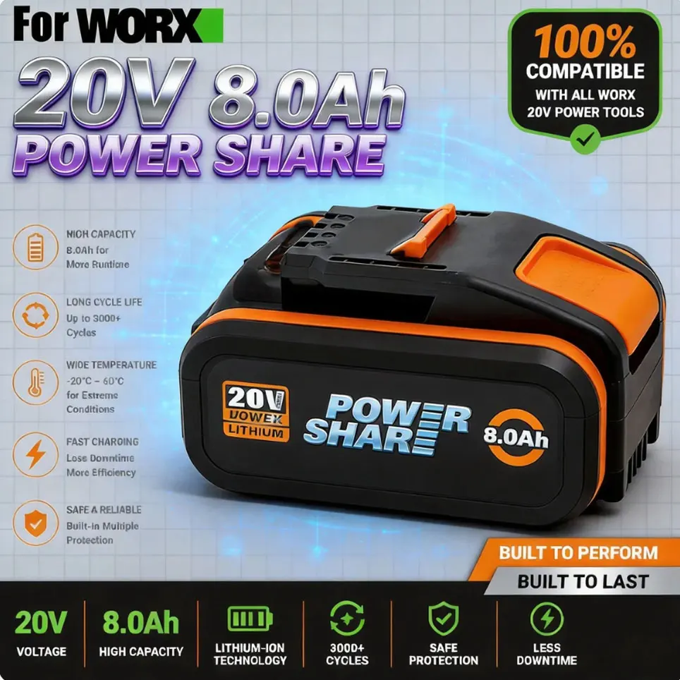 Per batteria agli ioni di litio Worx 20V 8.0Ah WA3551, WA3553 WX176 WX550 WX386 WXINO 3 WXGAIN, WX800, WU268 Spedizione dalla Francia