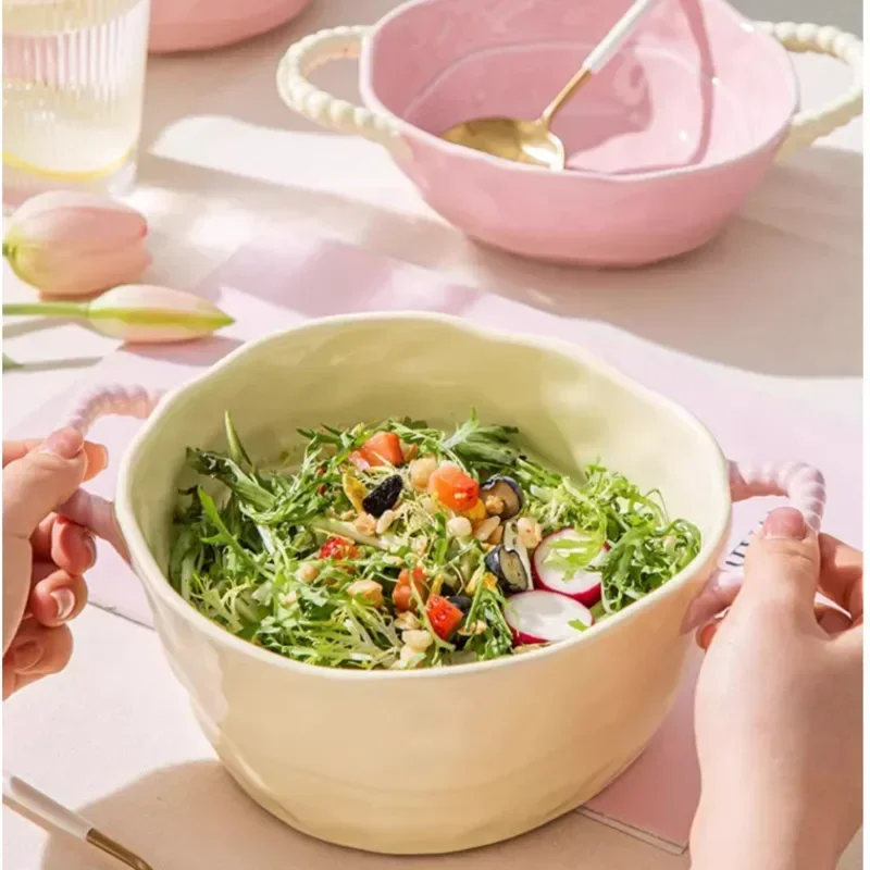 INS Cream Wind Soup Bowl Household Ceramic Fruit Bowl High Temperature Resistant Dinner Set 2 Sided Handle Utensils For Kitchen