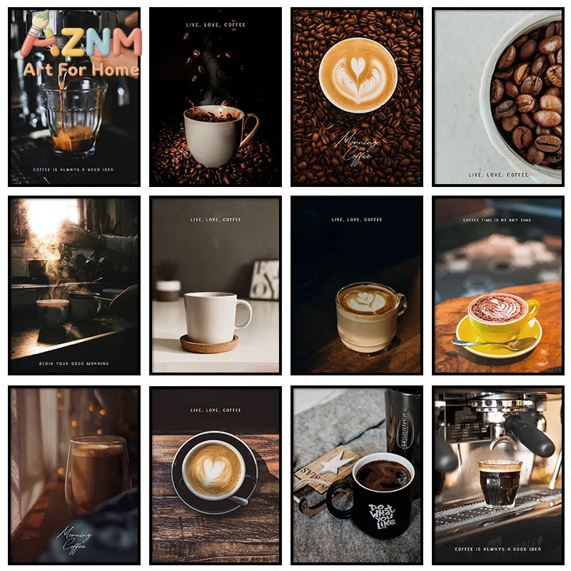 AZNM Latte Coffee Cup Kitchen Canvas Wall Art, Morning Coffee Quote Poster, Modern Cafe Food Picture, Dining Room Home Decor Pai