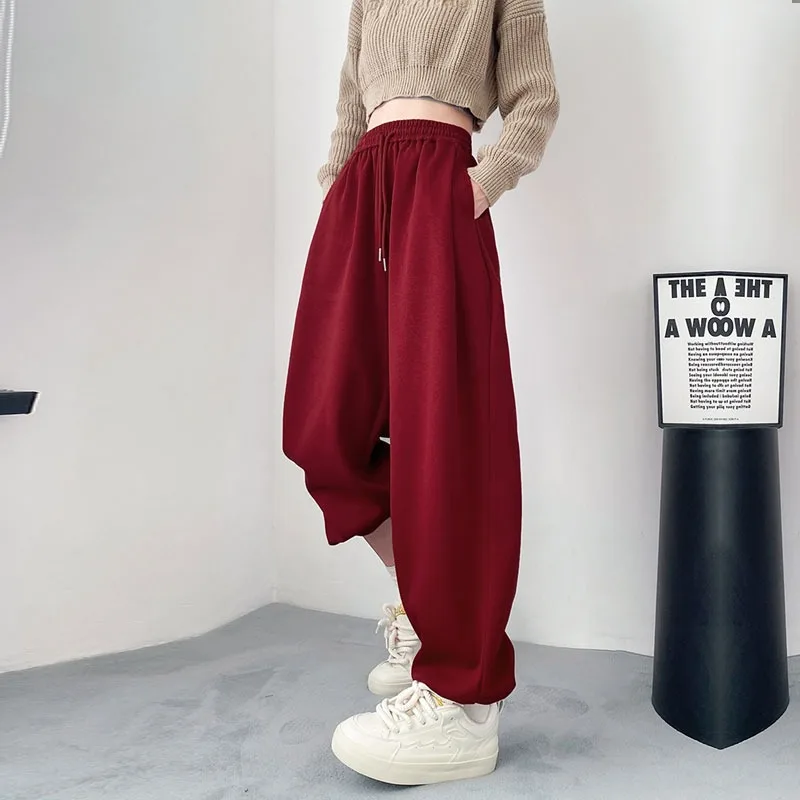 

American Style Casual Pants Women Solid Color Drawstring Full Length Loose Sweatpants Autumn Basics Daily Harem Pants Female