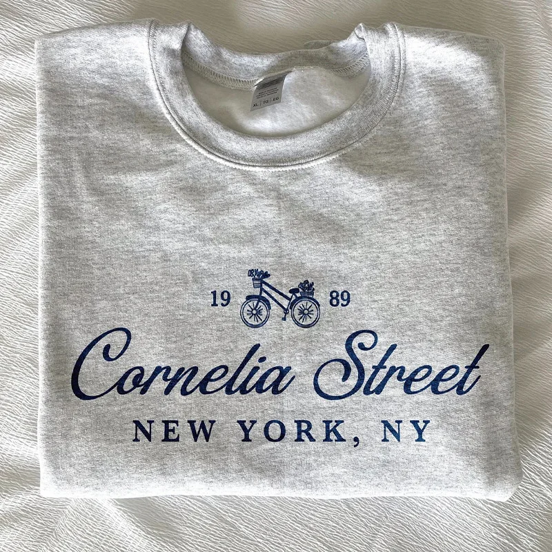 New York Cornelia Street Letters Printed Vintage Style Men Women Loose Sweatshirt Long Sleeve Loose Cotton Thick Autumn Pullover