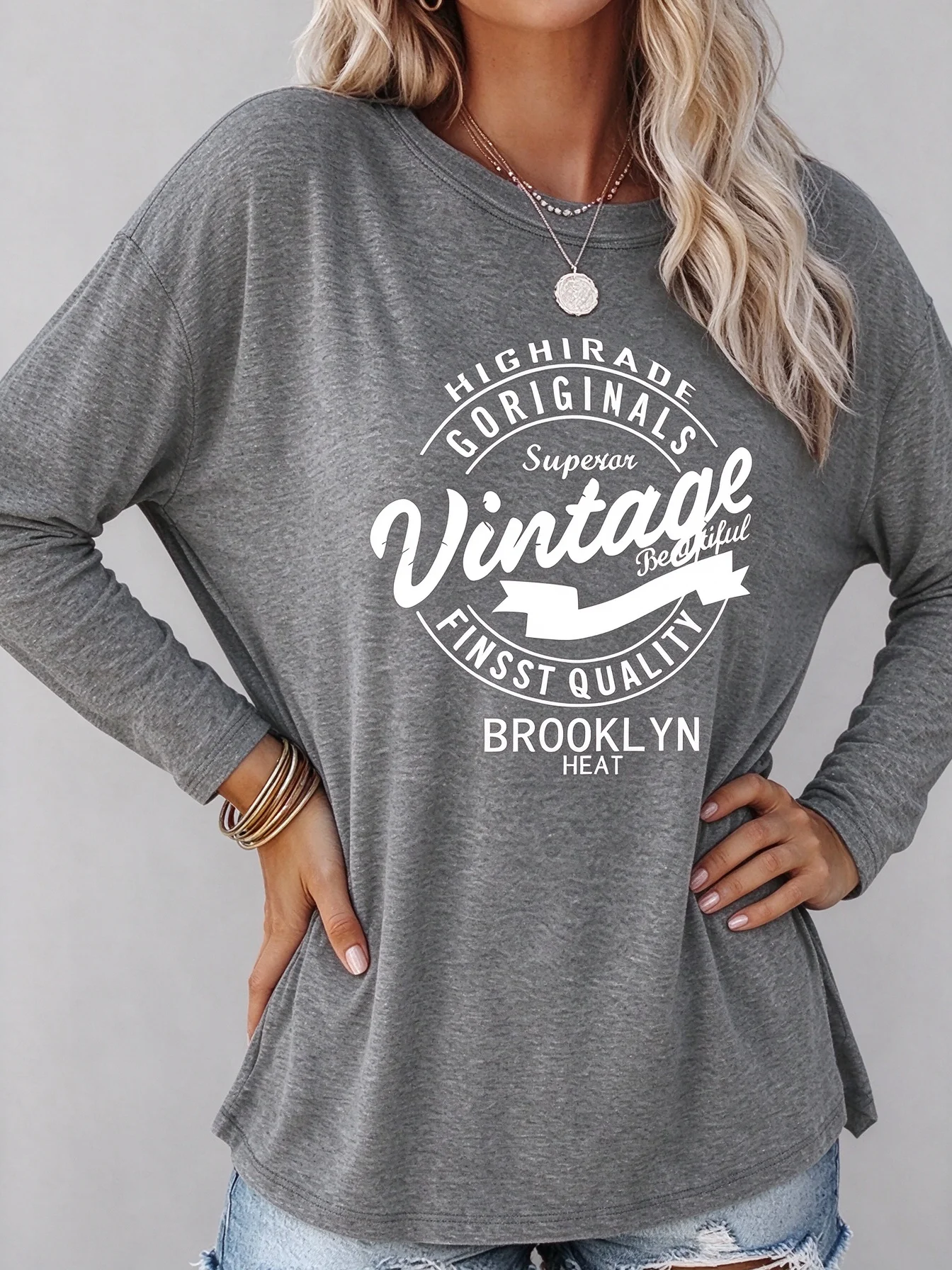 Letter Print Long Sleeve T-Shirt for Women, Round Neck Stretchy Top, Outdoor Style, All Season, Suitable for Daily Casual and Outdoor Activities, Local Warehouse