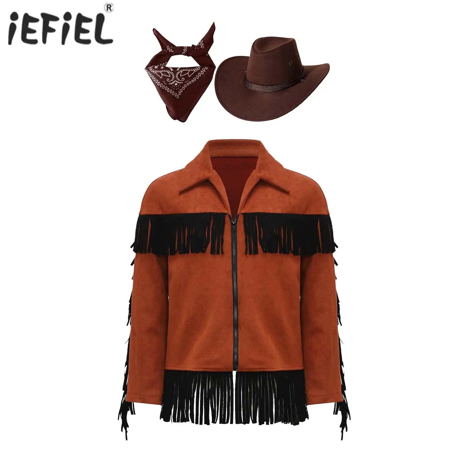 Boys Girls Western Cowboy Cosplay Costume Halloween Outerwear Long Sleeve Jacket Coat with Bandanna and Cowboy Hat Sets Dress Up