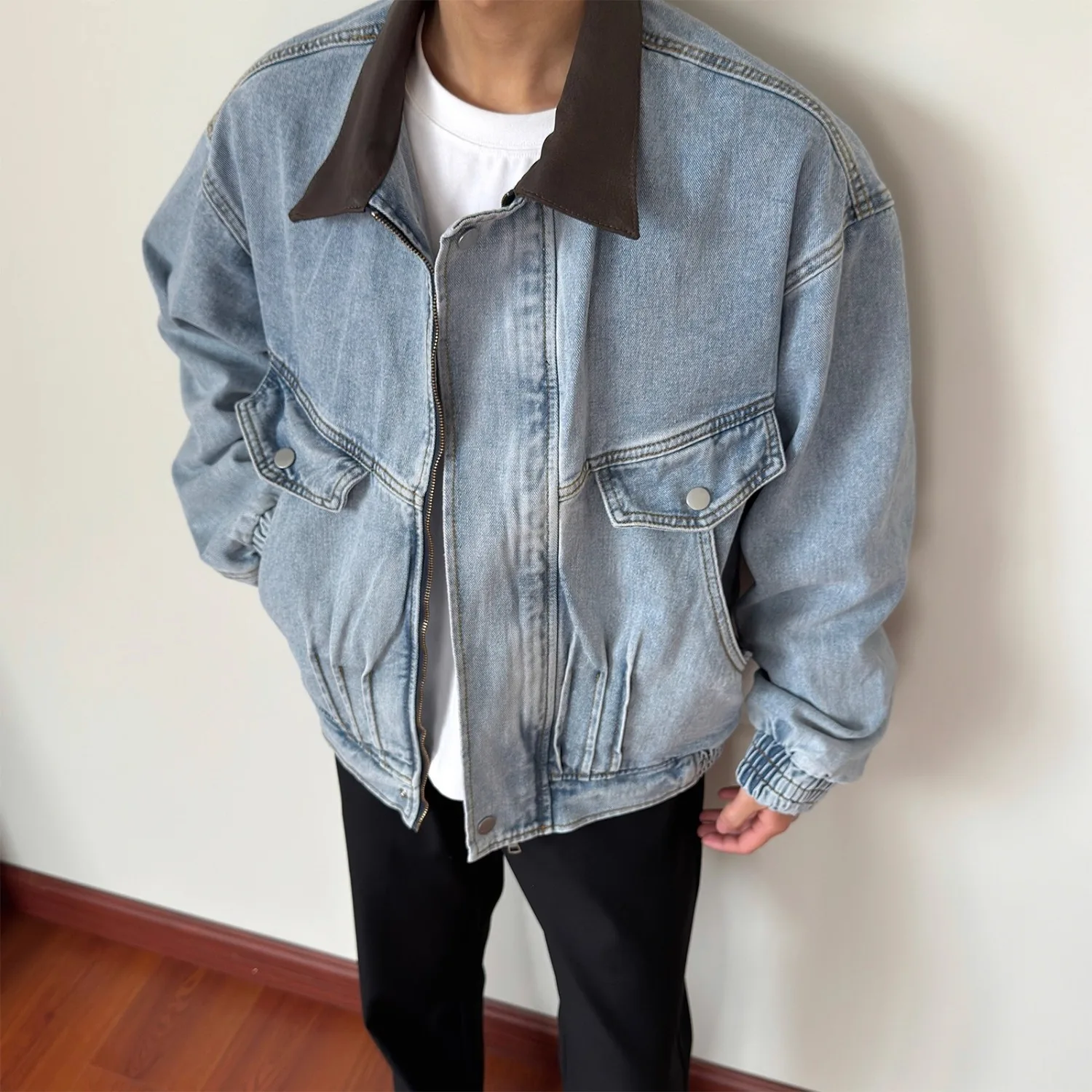 New Autumn Winter Men Denim Jacket Color Block Collar Fashion Large Pockets Outdoor Casual Coat Streetwear Trending Outerwear
