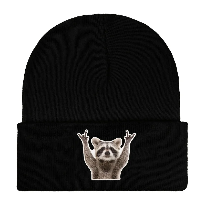 Rock Raccoon Print Beanie Hat Lightweight Foldable, Warm Cozy for Winter Multiple Colors Unisex Design Christmas Holiday
