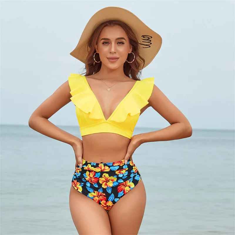 

Sexy High Waist Bikinis 2022 New Ruffled Swimwear Women Swimsuit Female Bikini Set Print Bodysuit Bathing Suit Summer