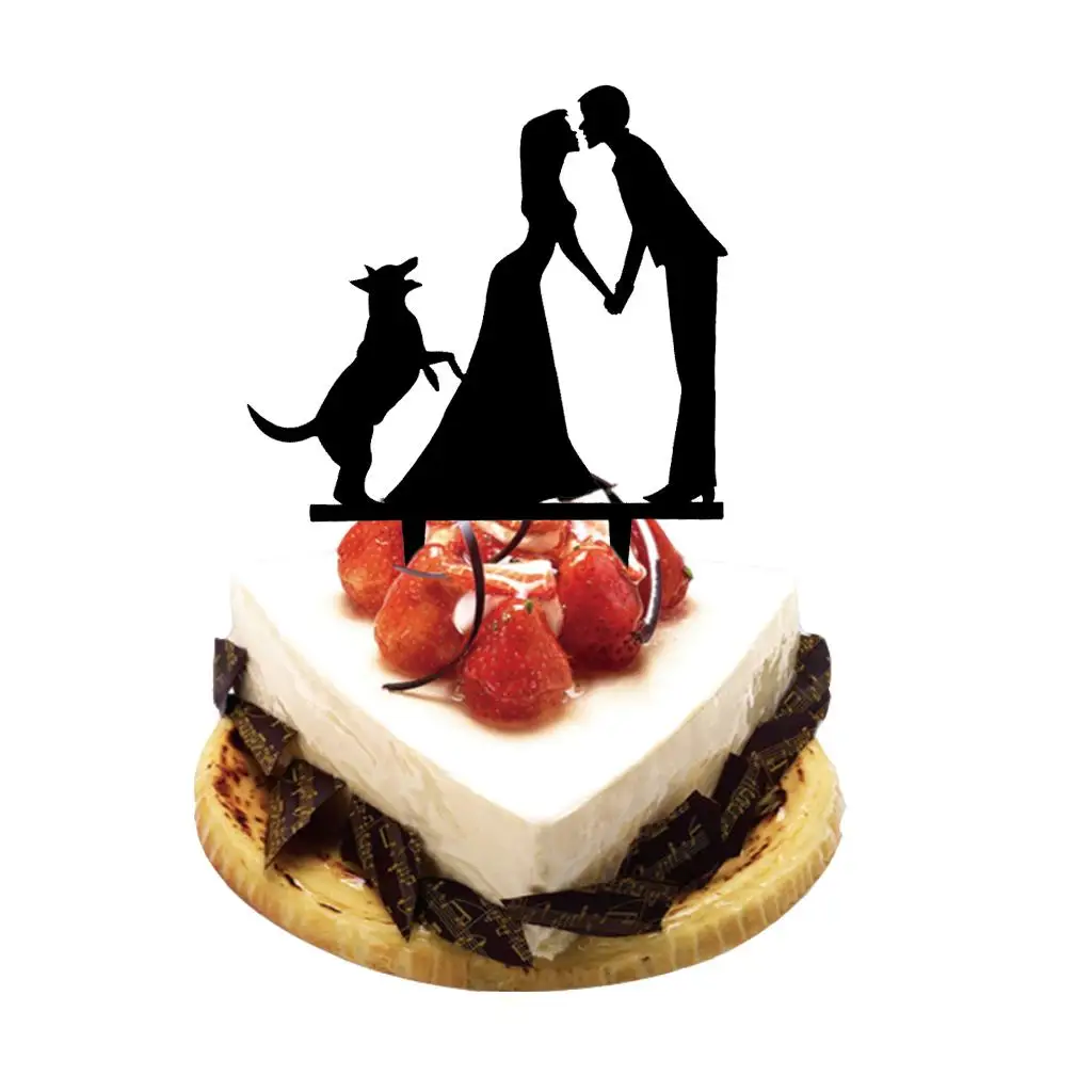 Topper de bolo de casamento romântico com decoração de bolo de silhueta acrílica de cachorro