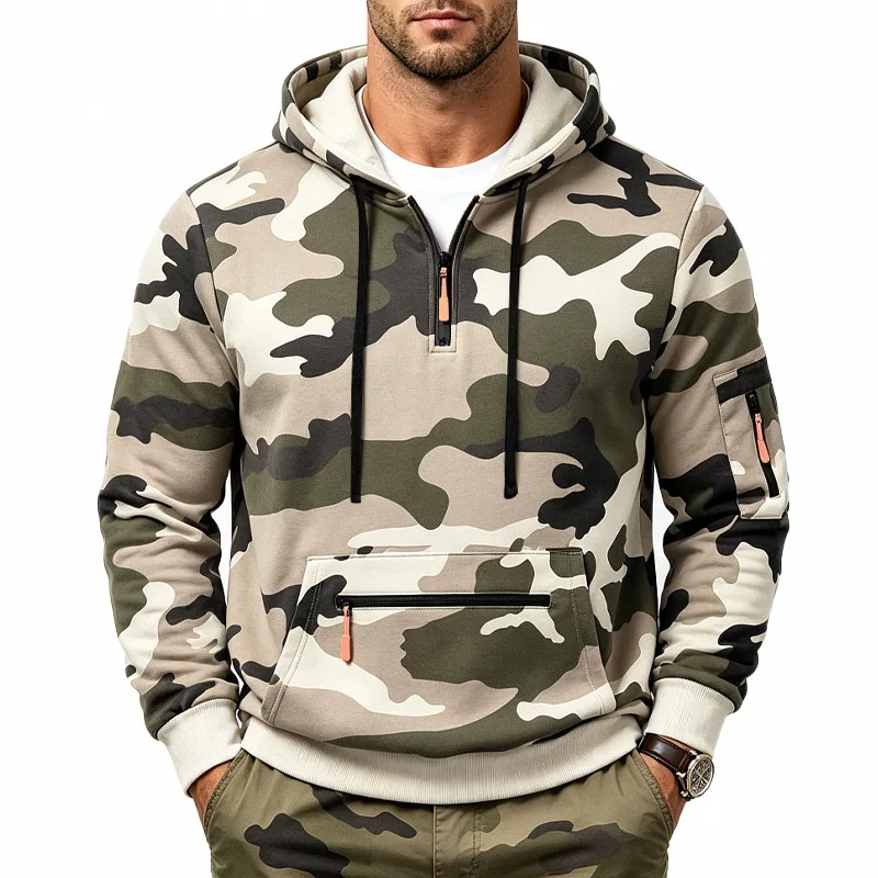 Men's Blockbuster Autumn Winter Sports Outdoor Fleece Jungle Camouflage Tactical Tooling Pocket Hooded Sweater