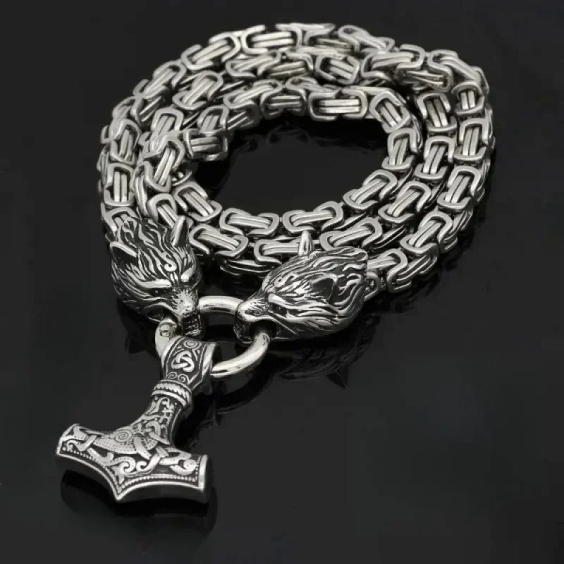 Fashionable And Exquisite New Retro Nordic Viking Hammer Pendant Wolf Head Necklace For Personalized Men\'S Amulet Jewelry Gift