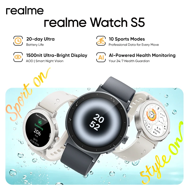 realme Watch S5 Smartwatch Dreifach-Aktions-Design 5ATM Wasserdicht 110 Sportmodi 1500nit Ultra-Helles Display GPS mit 5 GNSS