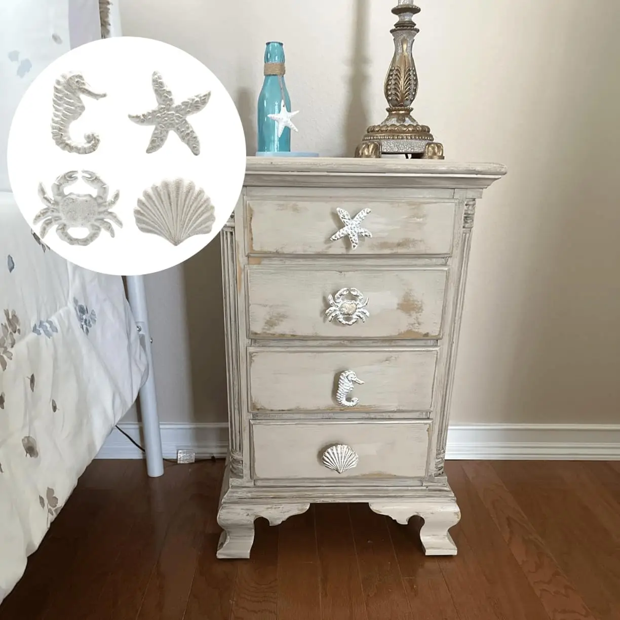 4Pcs Mediterranean White Iron Knobs for Drawer Cabinet Sea Horse Crab Shell Starfish Handles Pulls for Door Home Furniture Decor