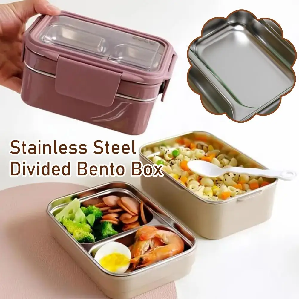 Stainless Steel Lunch Box 2 Layers Divided Microwavable Bento Box For Students Office Worker Portable Sealed Food Container H6M4