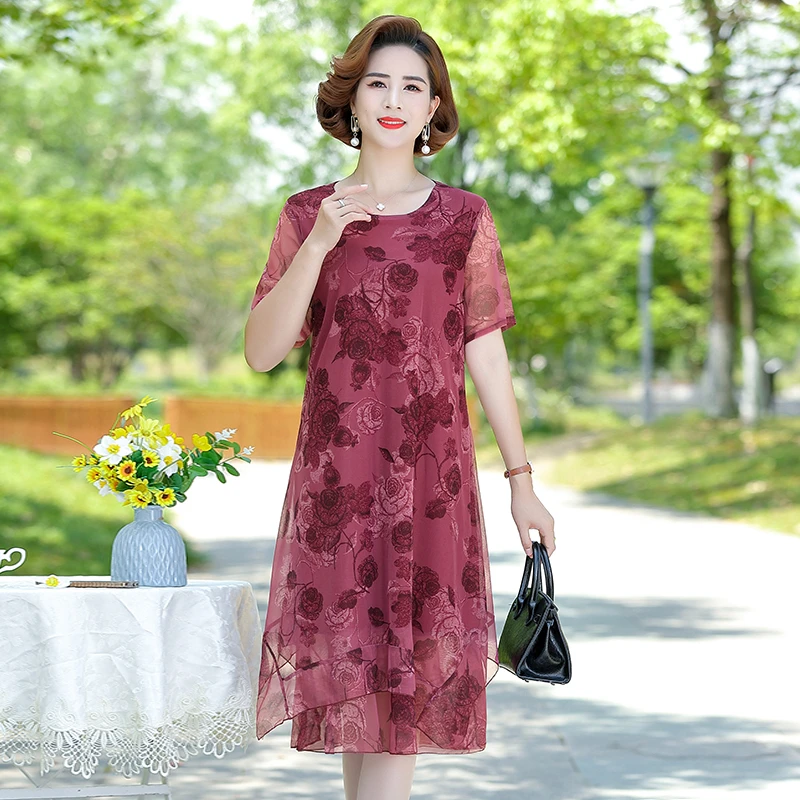 Summer Beach Floral Dress Women Elegant O-Neck Chiffon Plus Size Midi Dress Pink Print Bodycon Party Dress Short Sleeve