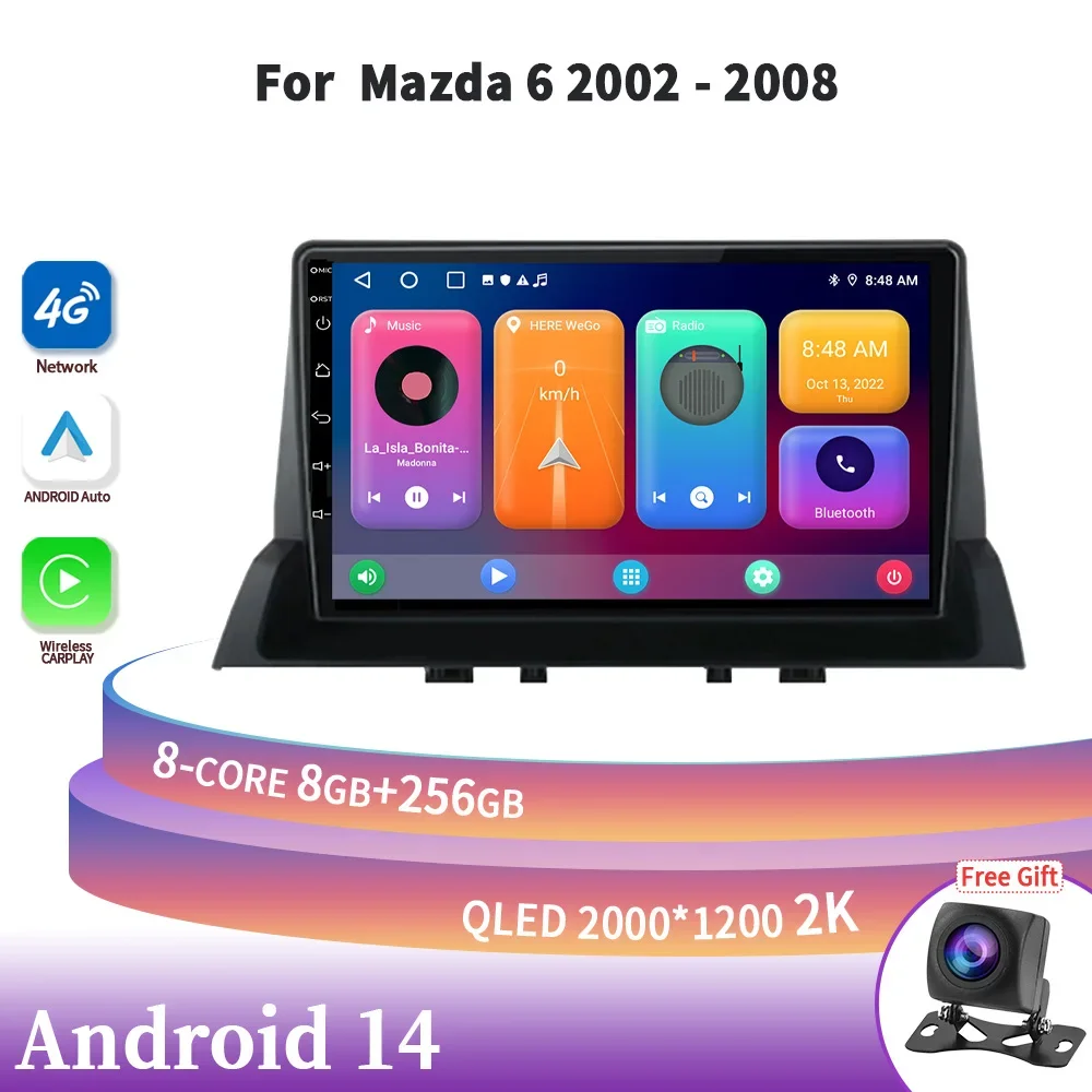 Car Radio Central Multimedia Navigation Android 14 For Mazda 6 2002-2008 Wireless Carplay Stereo Head Unit GPS 2DIN Screen 4G