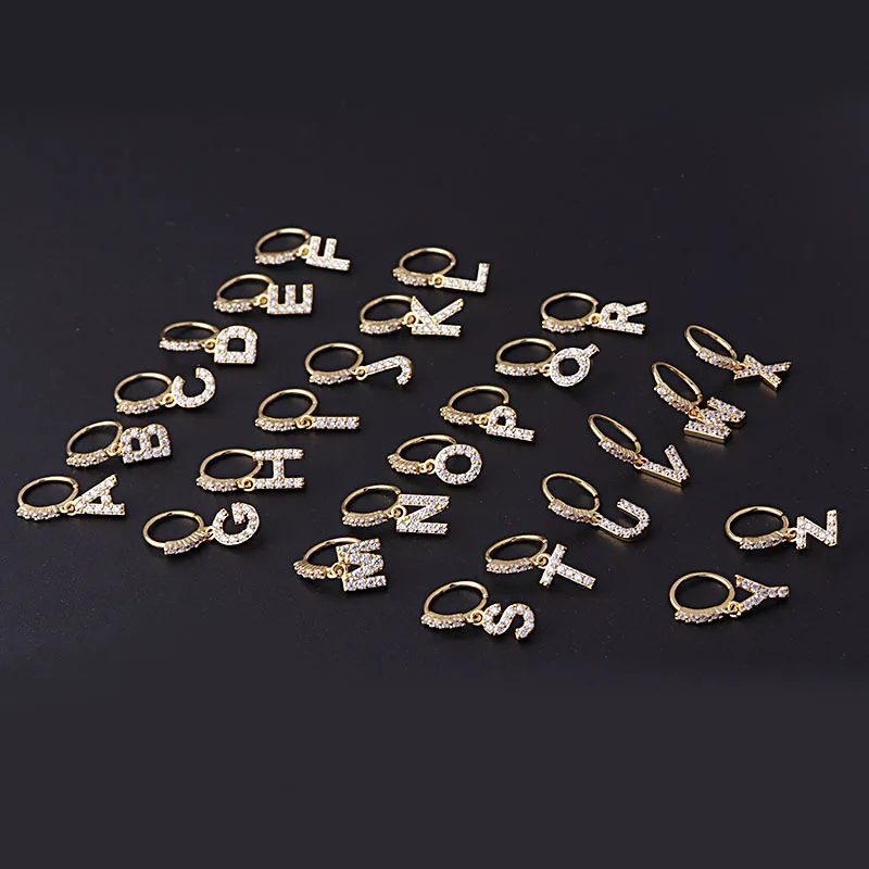 2022 Stainless Steel With A to Z Letters Alphabet Cz Nose Hoop Dangling Nose Ring for Women Piercing Jewelry