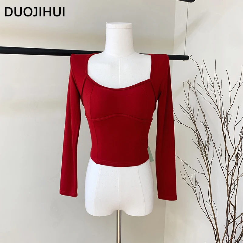 DUOJIHUI-T-shirts soltas ocas para mulheres, manga comprida, roupa chique, cor pura, simples e casual, moda básica, sexy, novo, outono