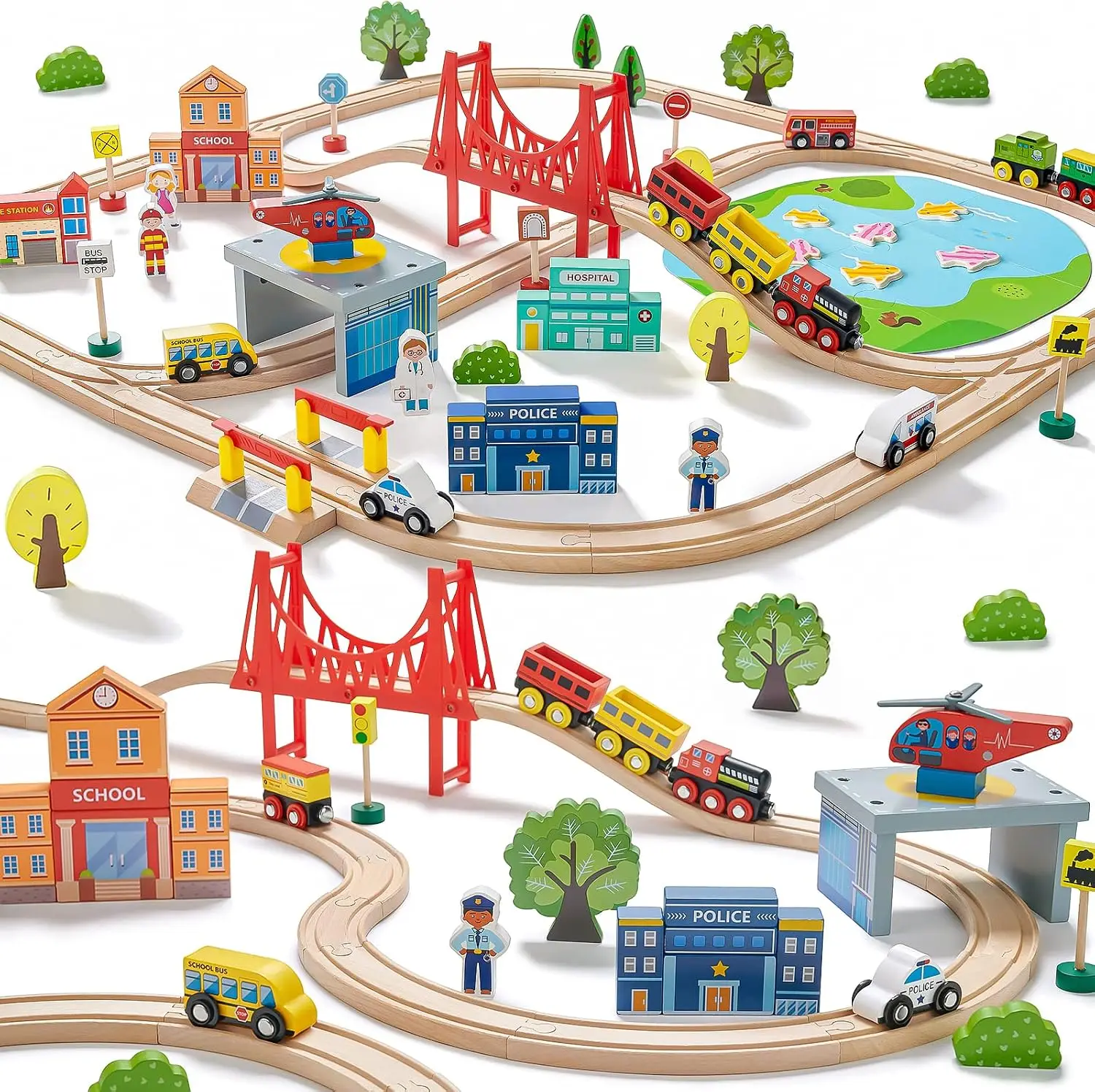 110-Piece Wooden Train Set, Fits Major Brands, Railway Playset for Kids Ages 3-7, Birthday Gift