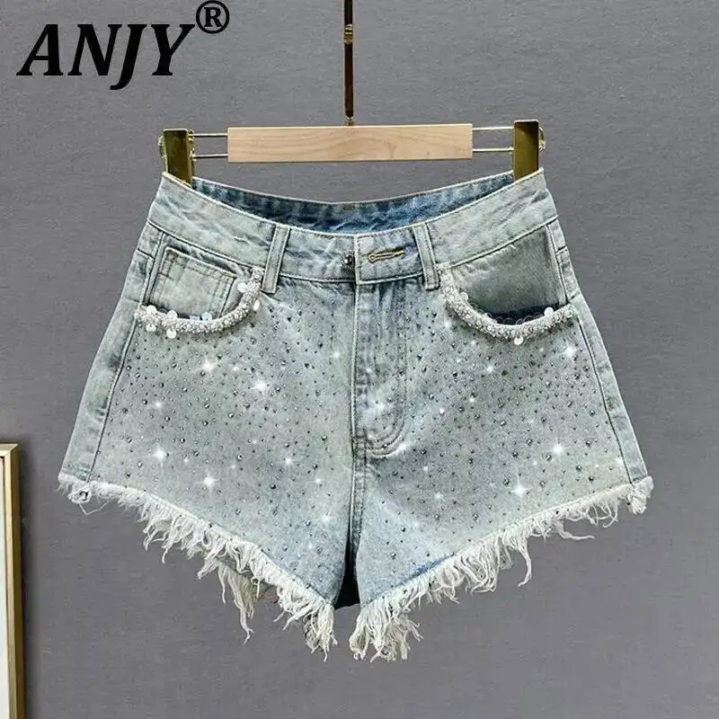 ANJY Summer New Women Trendy Diamonds Sequins Frayed Hem Slim Fit Denim Shorts Stylish Washed Distressed A-line Hot Pants A23810