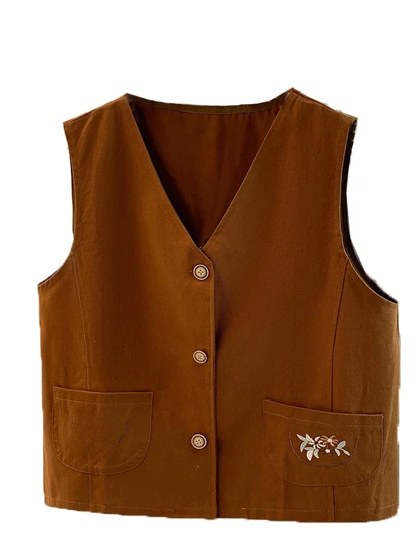 

Классический женский жилет с хлопковой талией, летний повседневный тюнер с v-образным вырезом, универсальный модный жилет с тяжелой вышивкой и цветочным узором...