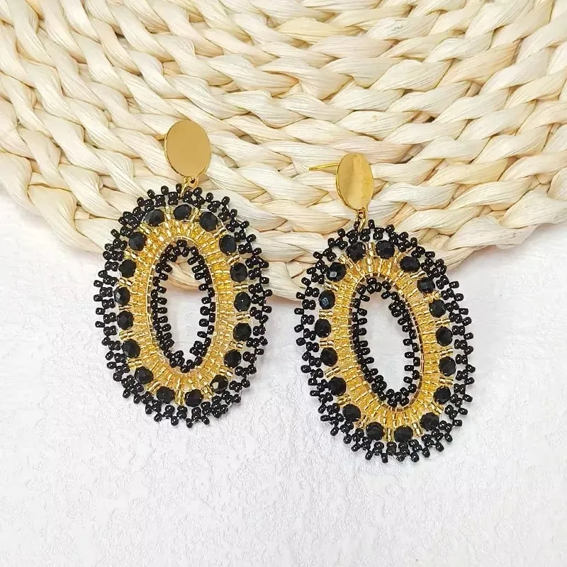 Beaded earrings Ellipse  Crystal Black Hand knitting Bohemia Alloy  Female Water drop Double-deck Hollow out Rice bead earrings