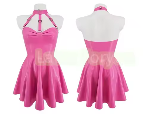 Handmade 100% Natural Latex Harness Bandeau Skater Dress Pink Halter Latex Swing Dress Gift For Her Evening Dress Halloween Cosp