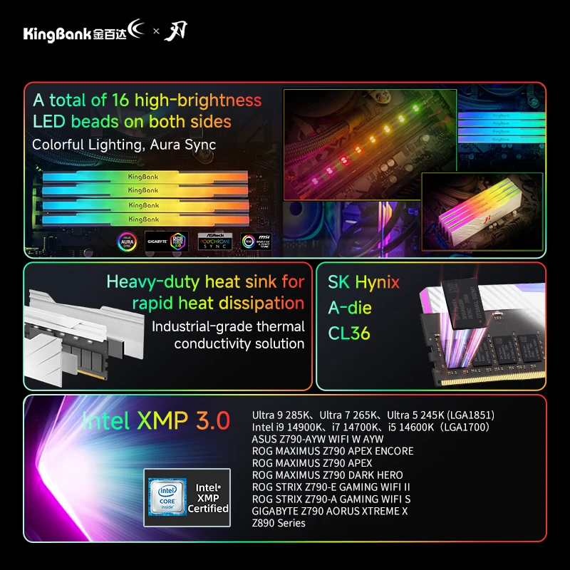 KingBank White RGB DDR5 MEMORY 16GBx2 8000MHz 32GB Hynix A die Computer Ram ddr5 16GB 8000 mhz CL36 For Desktop