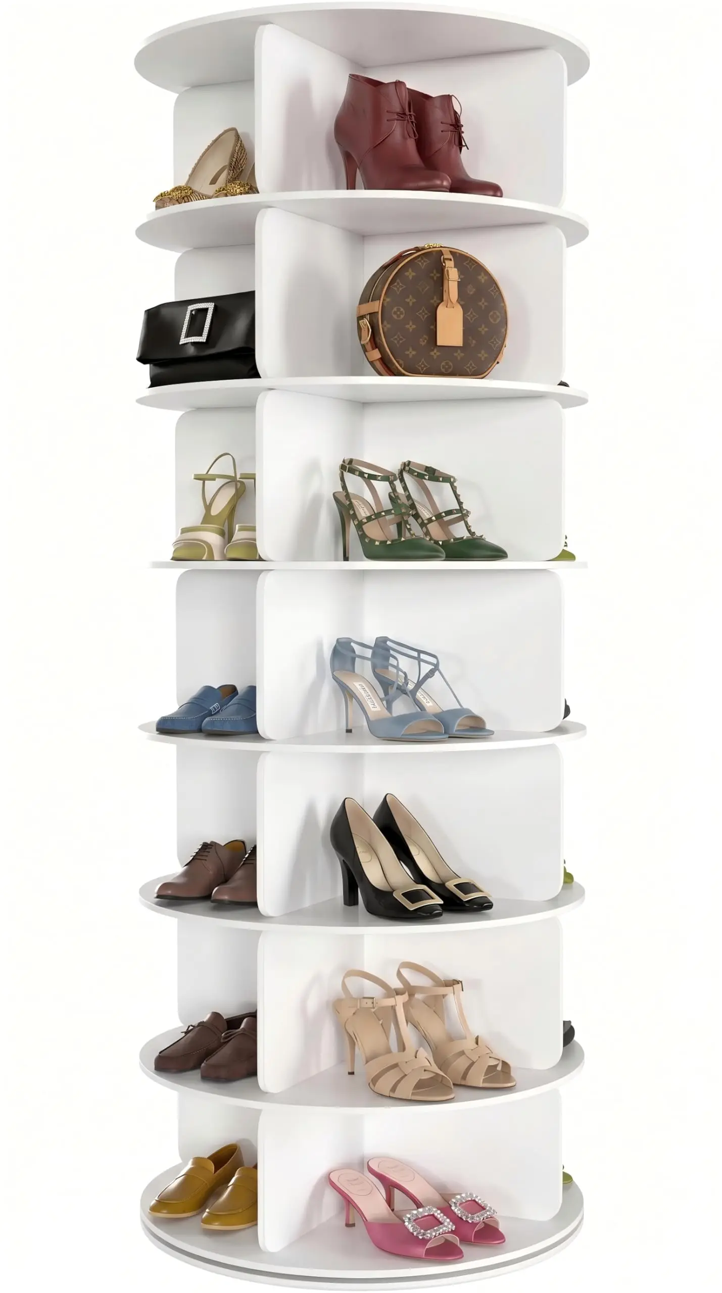 7 Tier Rotating Shoe Rack Tower, 360° Spinning Shoe Display Lazy Susan, Tall Revolving Shoe Storage Round Carousel
