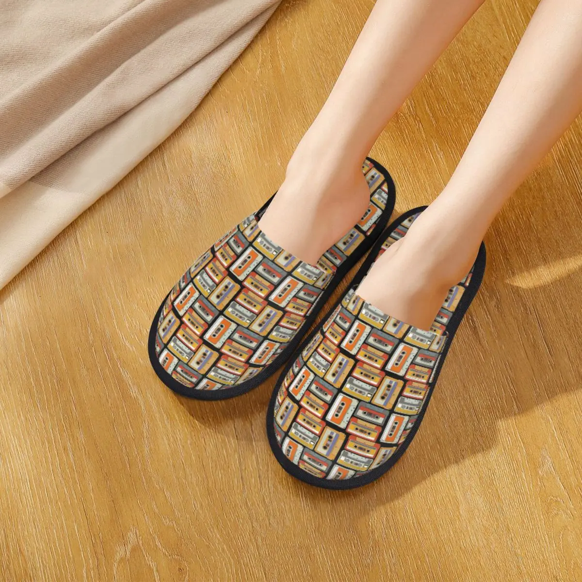 Custom 80s Generation Vintage Cassettes Slippers Memory Foam Warm Soft Women House Slipper Bedroom Cozy Shoes