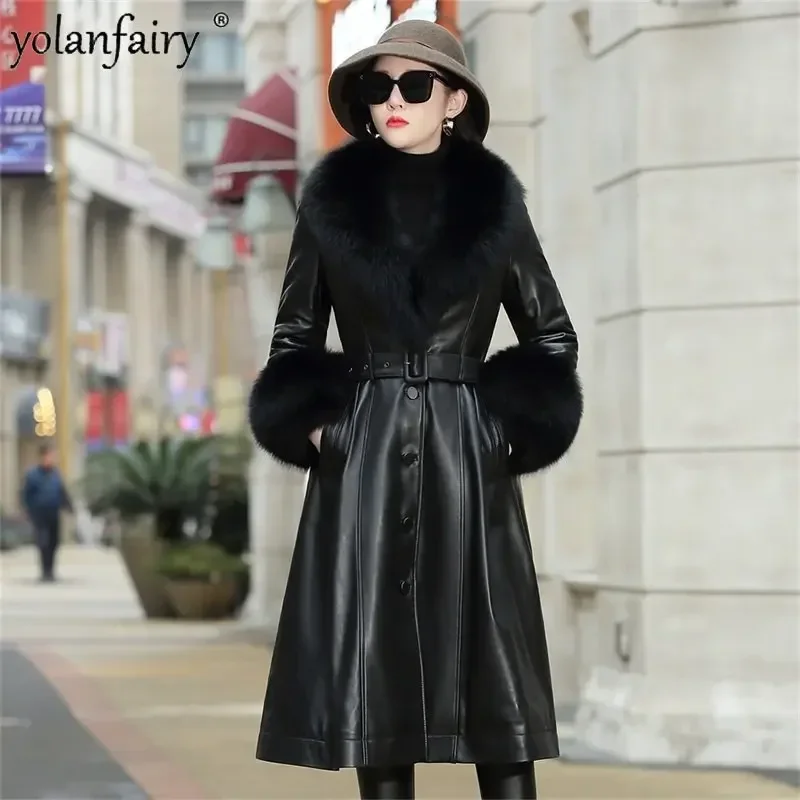 YOLANFAIRY High-end-Herbst Winter Unten Mantel Frau Echt Schaffell Echtes Leder Jacke Frauen Fuchs Kragen Koreanische Graben Mantel