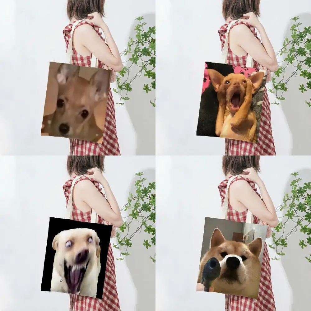 Casual Funny Cute M-Meme Funny Pet Dog Storage Bags Lightweight Printed Canvas Bag Portable Daily Shopping Shoulder Bag