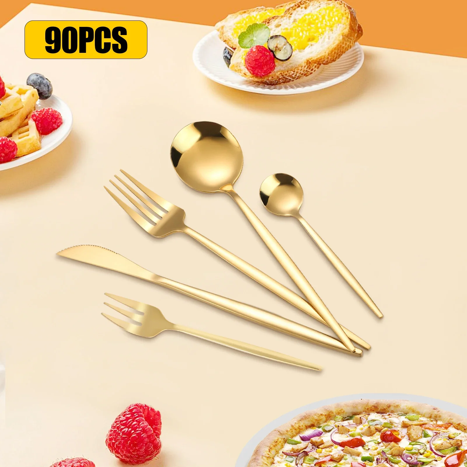 Set peralatan Makan ทอง90ชิ้นที่สง่างามใหม่-18แต่ละส้อมช้อนมีดช้อนชาส้อมสลัดในกล่องของขวัญ