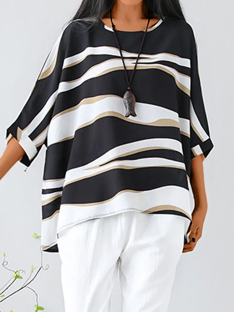 ZANZEA Women O Neck Blouses Oversized Half Sleeve Baggy Tops 2023 Summer Stripe Colorblock Shirts Casual Loose Holiday Blusas