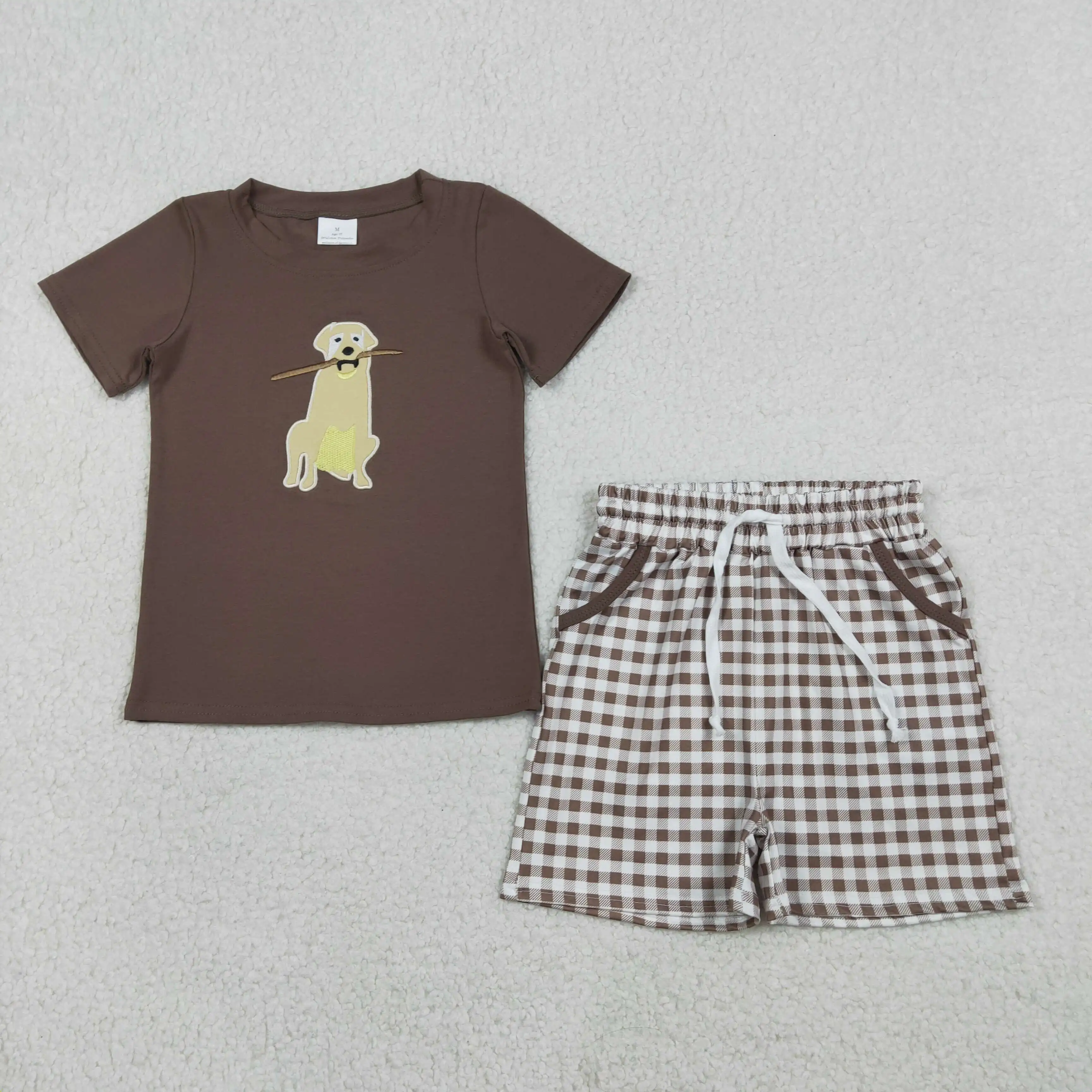 

NEW RTS Embroidery Dogs Baby Boys Brown Top Checked Pockets Shorts Hunting Clothes Sets