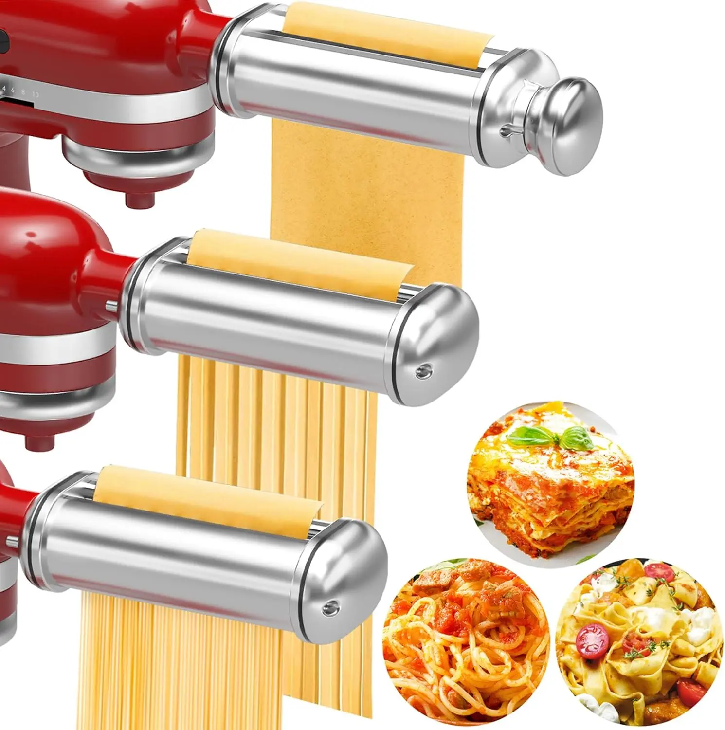 

Насадка для приготовления пасты для миксеров KitchenAid, включает в себя ролик для раскатки теста, насадки для феттучини и спагетти, а также щетку для чистки.