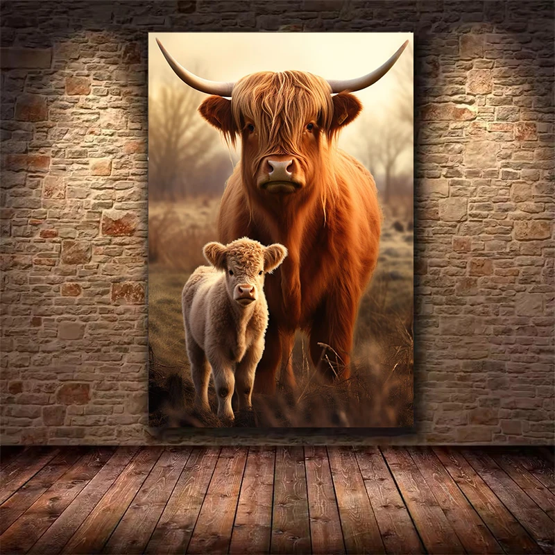 Cute Highland Cows Cattle Baby Canvas Painting and Print Wall Art Picture for Nordic Living Room Kid' Room Home Decor Gifts