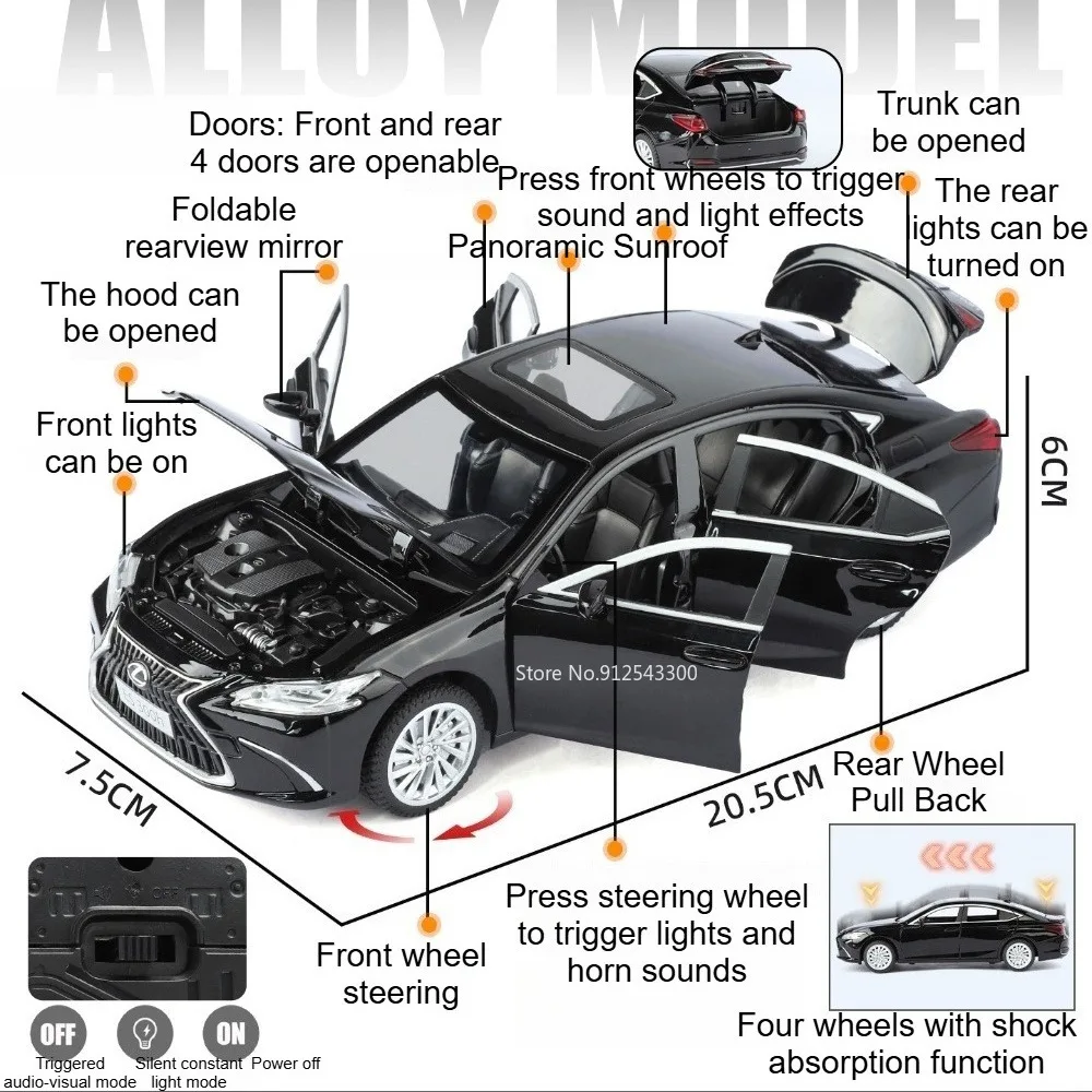 1:24 Scale ES300H LM300H Car Model Toy Doors Opened Sound Light Models Pull Back Alloy Diecast Vehicle for Husband Surprise