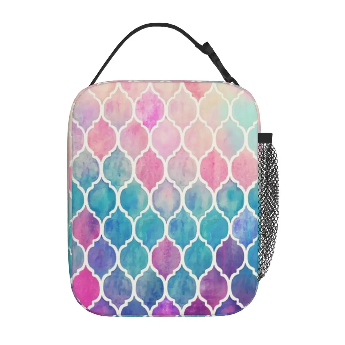 Hot Sale Rainbow Pastel Watercolor Moroccan Pattern Nautical Foldable Lunch Bag Family Outing Food Cooler Bag