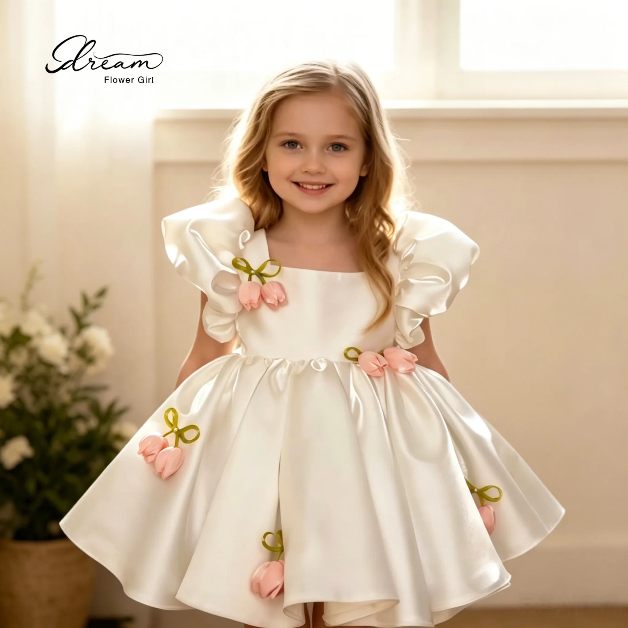 Elegant ivory satin knee-length formal party dress for girls featuring puff sleeves a full skirt and appliqué detailing