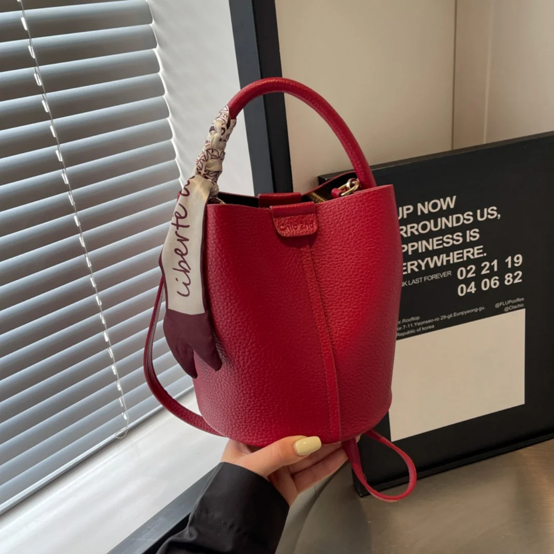 Women Litchi Grain PU Bucket Bag Silk Scarf Decor Magnetic Snap Detachable Strap Multicolor Crossbody Bag For Daily Shopping Use