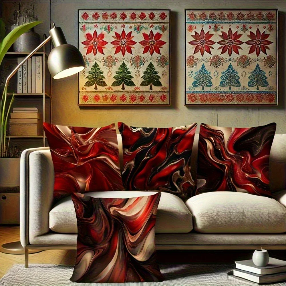 Set of 4 Decorative Throw Pillow Covers with Abstract Red and Gold Swirl Pattern for Living Room Decor